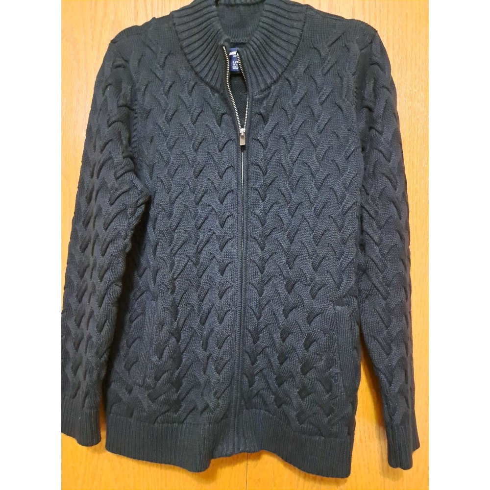 Land's End‎ Women's Black Cotton Cable Knit Full Zip Cardigan Sweater L 14-16